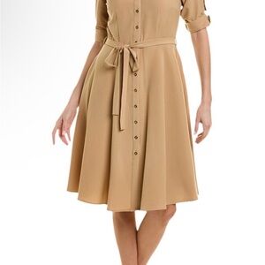 Sharagano Camel Button-Front Shirt Midi Dress with Waist Tie